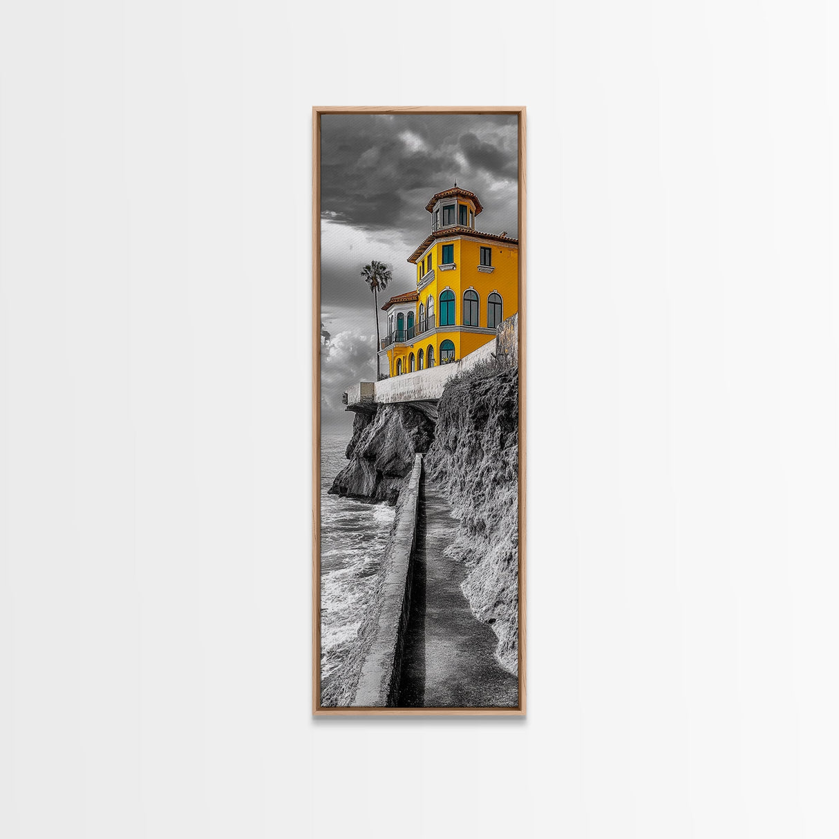 Yellow Villa, Coastal House, Mediterranean Escape, Bold Architecture, Canvas Print, Kitchen Wall Art, Modern Coastal Decor, Travel Photography