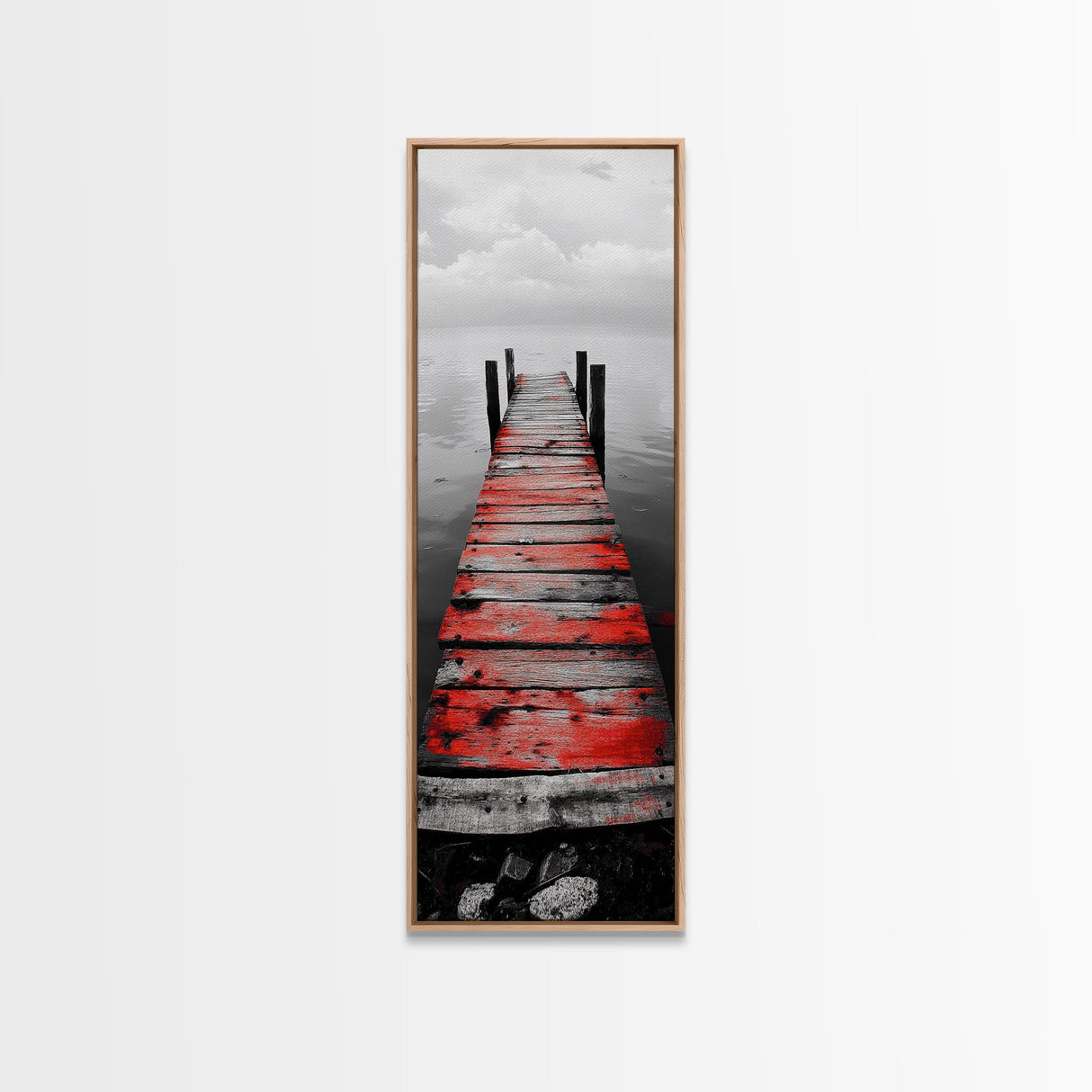 Red Dock, Still Water, Rustic Lake, Quiet Pier, Canvas Print, Bedroom Wall Art, Moody Lake Photography, Autumn Cabin Decor, Minimalist