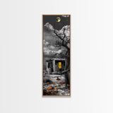 Haunted Cabin, Yellow Light, Full Moon, Framed Canvas Print, Halloween Wall Art, Gothic Decor, Spooky Home Accent, Fall Vibes