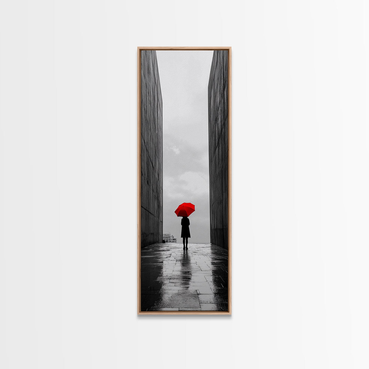 Red Umbrella, Rainy Day, Urban Silhouette, Framed Canvas Print, Minimalist Wall Art, Modern Entryway Decor, Monochrome Mood