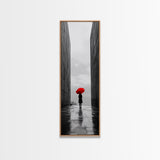 Red Umbrella, Rainy Day, Urban Silhouette, Framed Canvas Print, Minimalist Wall Art, Modern Entryway Decor, Monochrome Mood