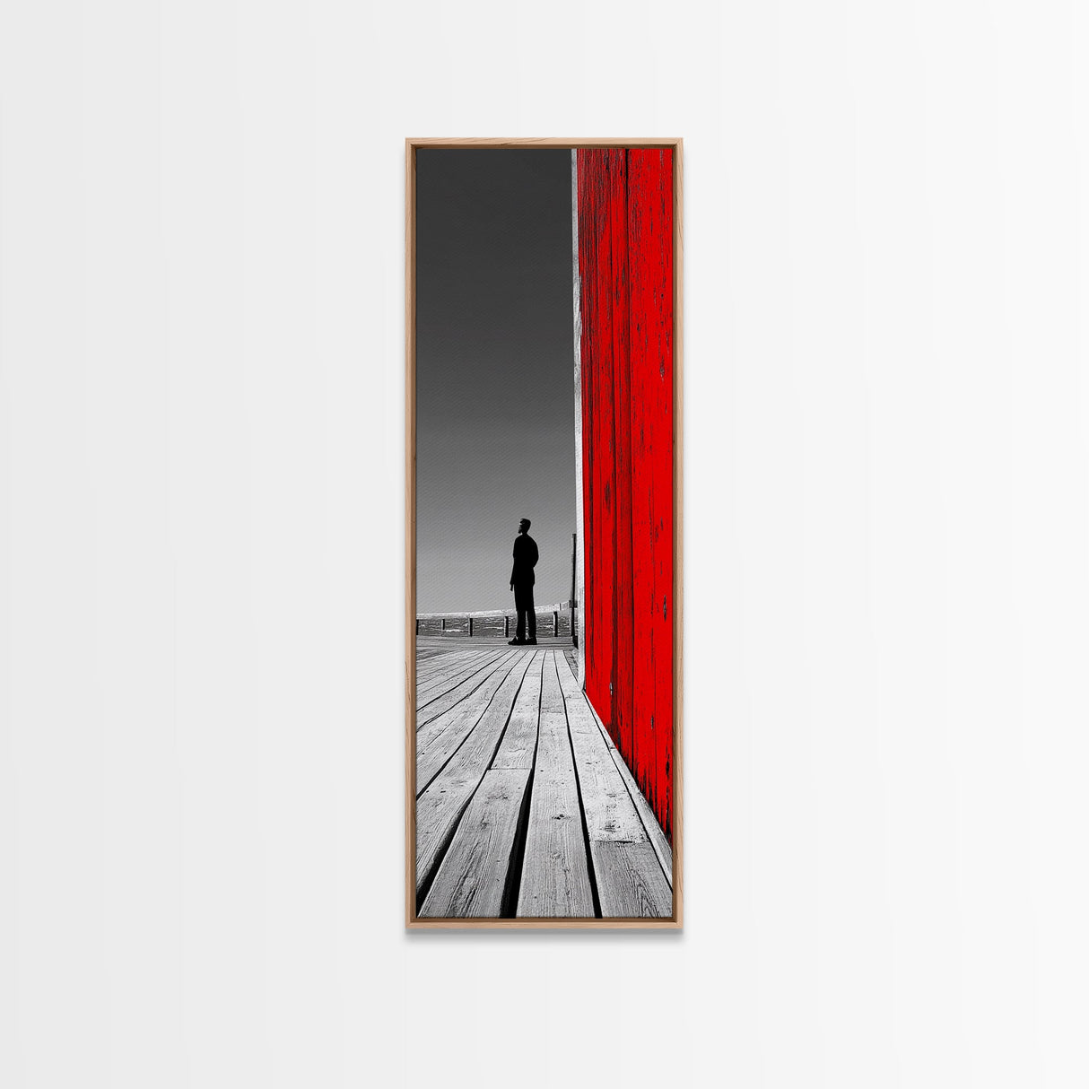 Man Silhouette, Red Wall, Boardwalk Contrast, Minimal Scene, Framed Canvas Print, Urban Wall Art, Modern Decor, Office Accent Piece