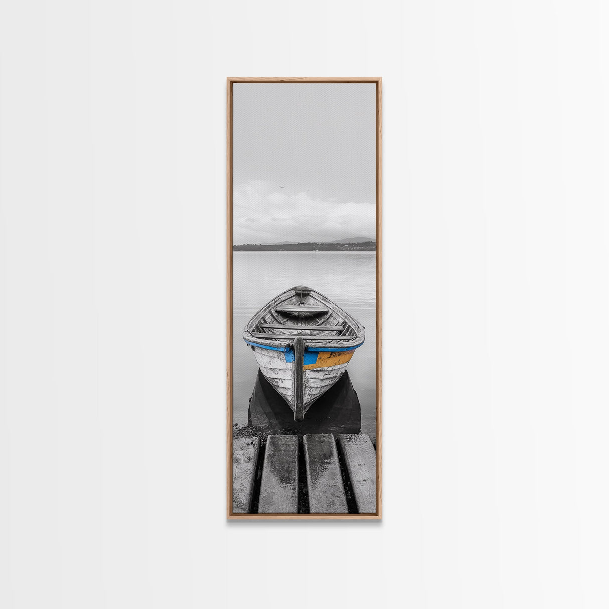 Rowboat Front, Calm Water, Lake Stillness, Serene View, Framed Canvas Print, Nautical Decor, Minimalist Art, Coastal Living Room