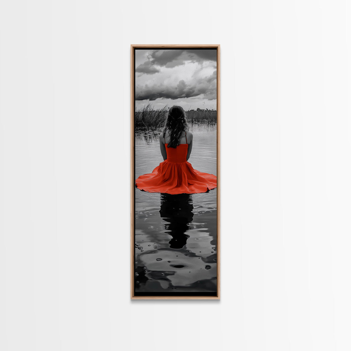 Woman in Red, Serene Lake, Moody Reflections, Dramatic Art Scene, Canvas Print, Bedroom Wall Art, Romantic Decor, Adventure Themed Ar