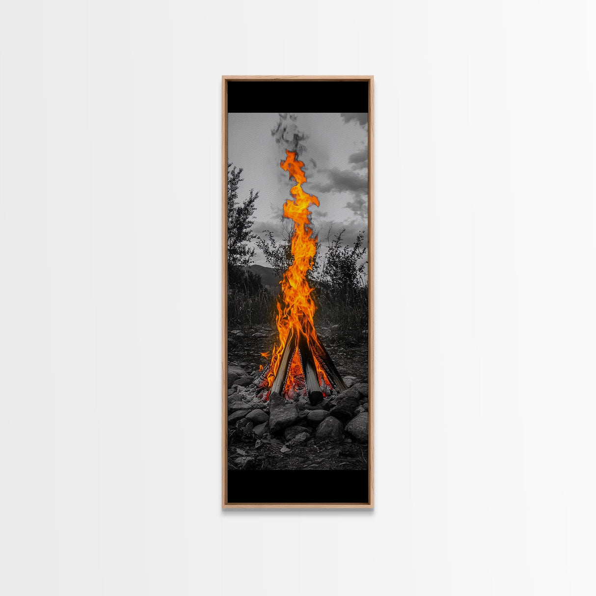 Towering Flame, Wild Fire Blaze, Dramatic Camp Scene, Canvas Print, Outdoor Wall Art, Autumn Adventure Decor, Rustic Nature Style