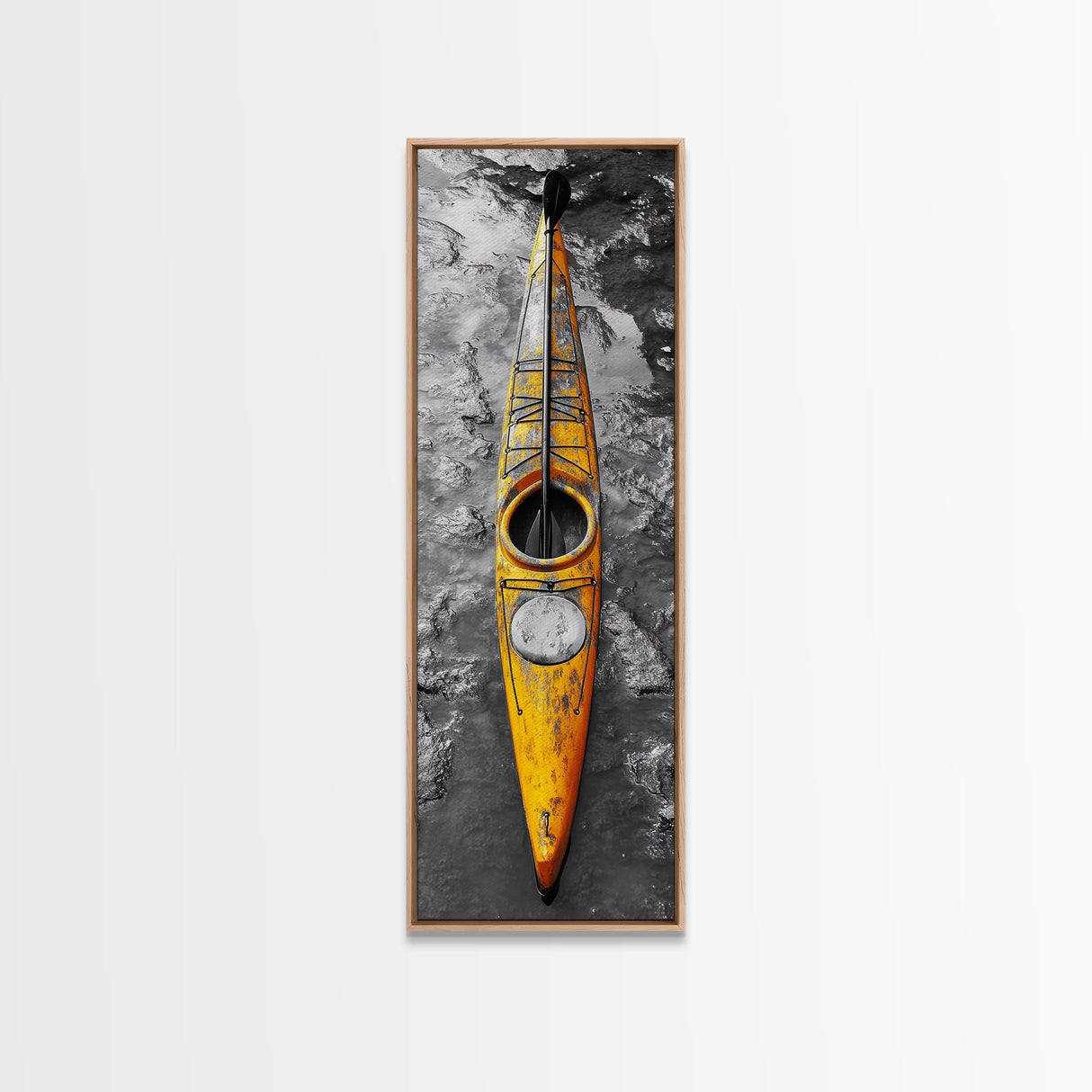Yellow Kayak, Muddied Shoreline, Solo Adventure, Framed Canvas Print, Rustic Outdoors Decor, Autumn Wall Art, Boho Kayaking Style