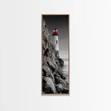 Red Lighthouse Art, Nautical Coastal Scene, Moody Seaside Decor, Framed Canvas Print, Ocean Wall Art, Bathroom or Office Accent