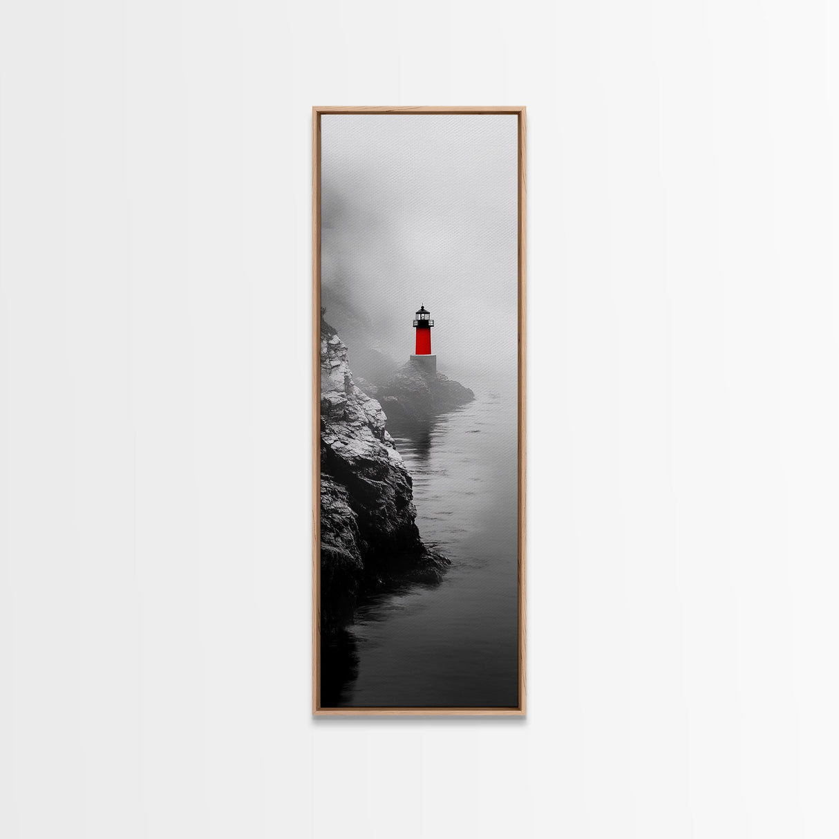Misty Lighthouse View, Red Beacon Decor, Coastal Minimalist Art, Framed Canvas Print, Modern Seascape Living Room Wall Decor