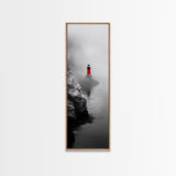 Misty Lighthouse View, Red Beacon Decor, Coastal Minimalist Art, Framed Canvas Print, Modern Seascape Living Room Wall Decor
