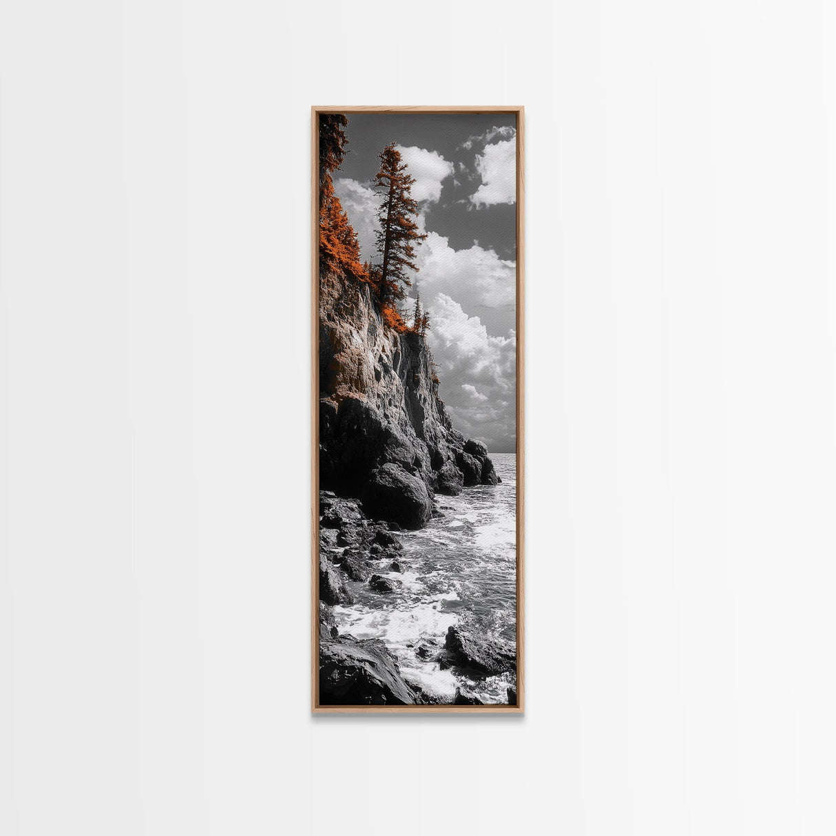 Autumn Cliff Scene, Bold Trees Coastal Wall Art, Fall Foliage Home Style, Framed Canvas Print, Seasonal Nature Living Room Decor