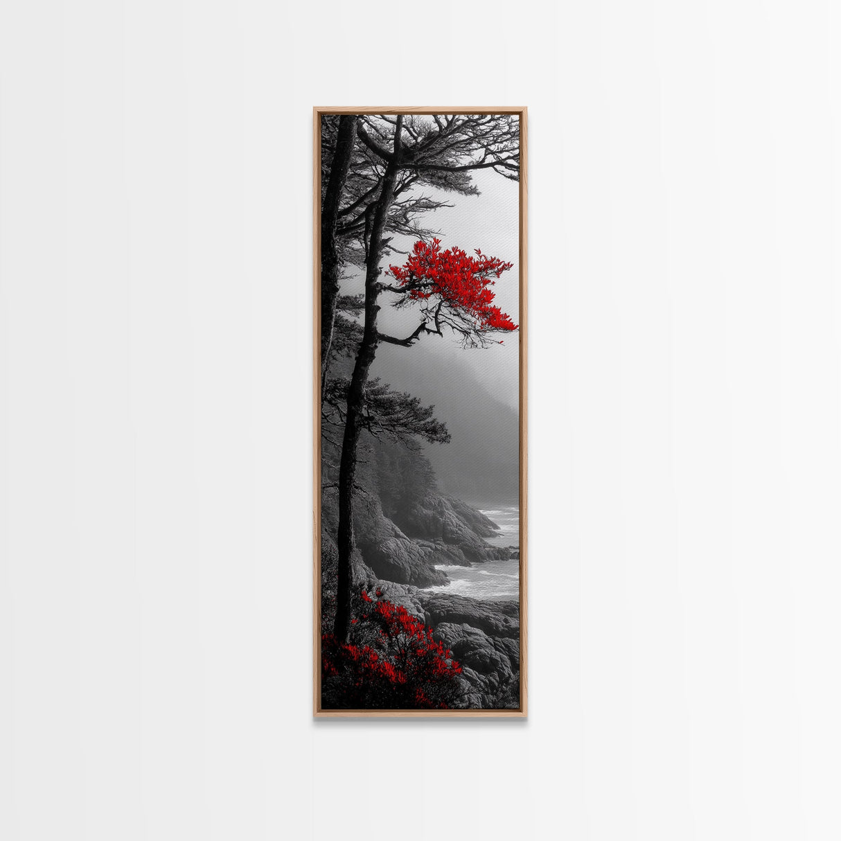 Red Tree, Misty Coast, Autumn Serenity, Coastal Nature Wall Art, Framed Canvas Print, Moody Landscape, Fall Living Room Decor, Minimalist Art