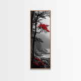 Red Tree, Misty Coast, Autumn Serenity, Coastal Nature Wall Art, Framed Canvas Print, Moody Landscape, Fall Living Room Decor, Minimalist Art