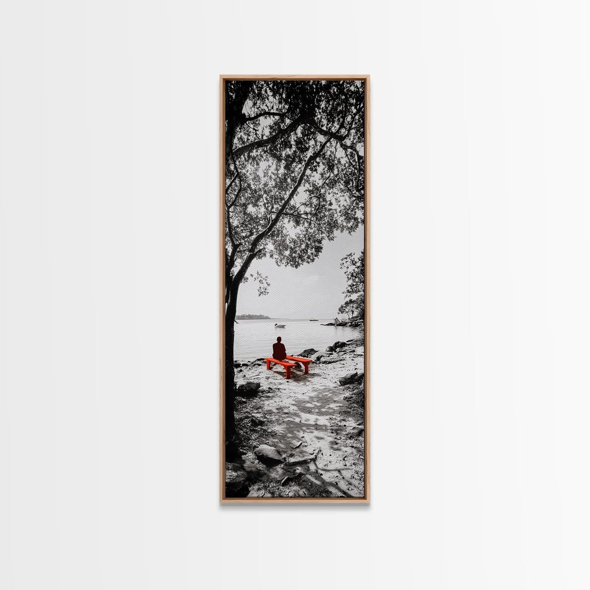 Lonely Figure, Red Bench, Reflective Scene, Peaceful Beach Wall Art, Framed Canvas Print, Black and White Photography, Zen Room Decor