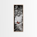 Lonely Figure, Red Bench, Reflective Scene, Peaceful Beach Wall Art, Framed Canvas Print, Black and White Photography, Zen Room Decor