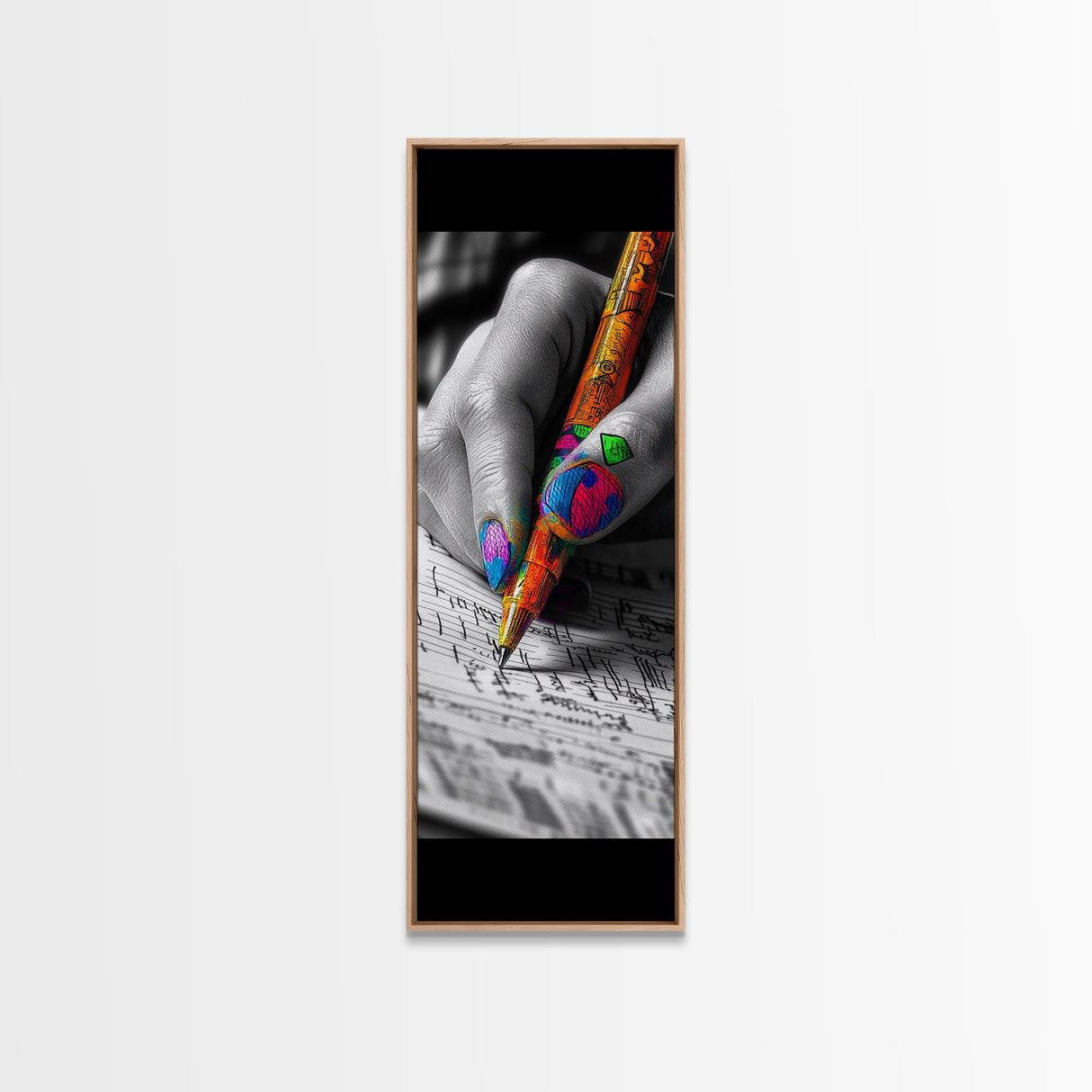 Vibrant Nails, Artistic Pen, Writing Closeup, Framed Canvas Print, Bold Office Wall Art, Pop Art Style, Creative Studio Decor