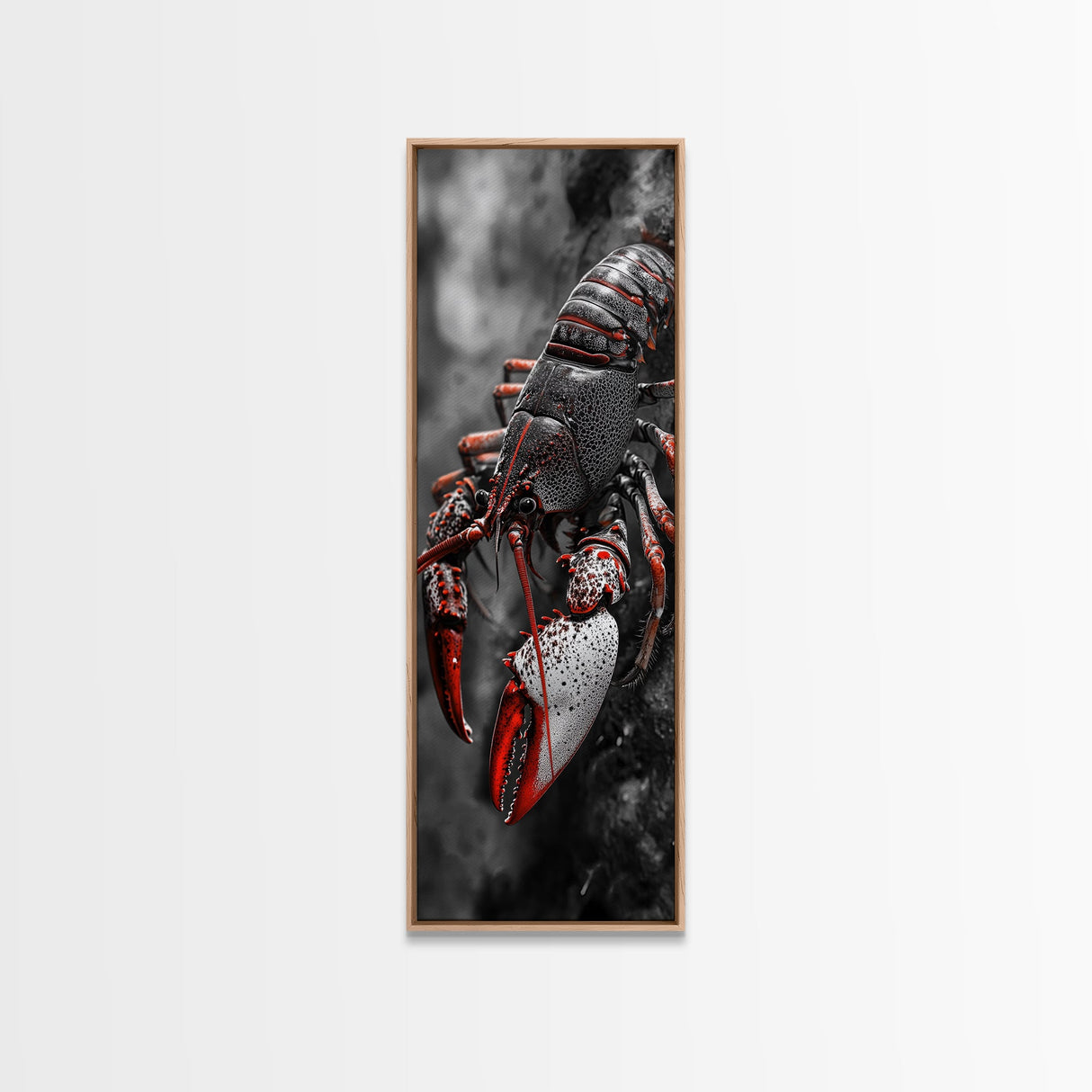 Red Lobster, Detailed Sea Art, Macro Crustacean, Dark Marine Art, Striking Coastal Piece, Framed Canvas Print, Moody Office Wall Decor