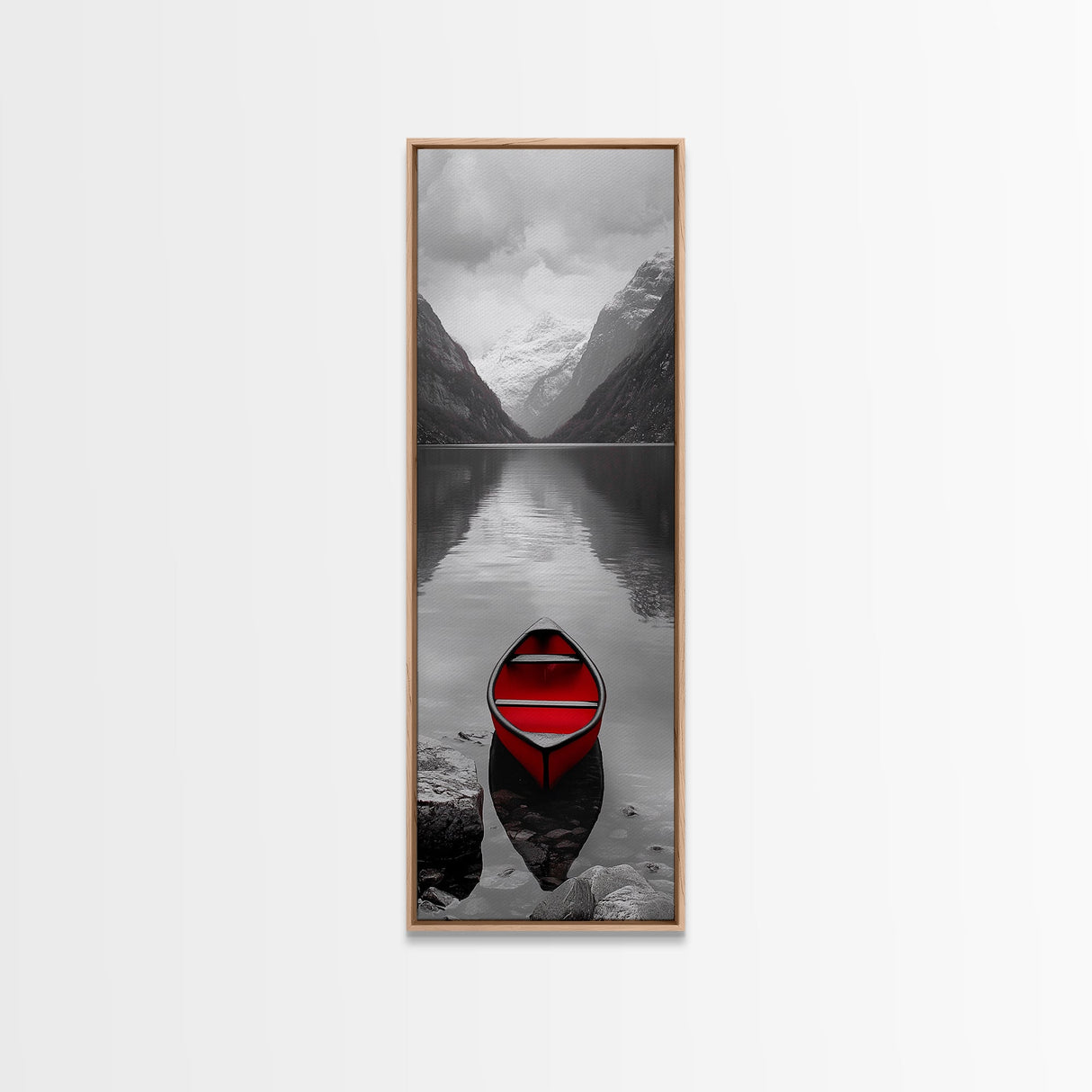 Red Canoe, Mountain Lake, Minimalist Reflection, Snowy Peaks, Framed Canvas Print, Nordic Cabin Wall Art, Serene Bedroom Decor