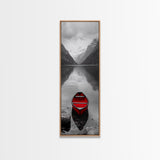 Red Canoe, Mountain Lake, Minimalist Reflection, Snowy Peaks, Framed Canvas Print, Nordic Cabin Wall Art, Serene Bedroom Decor