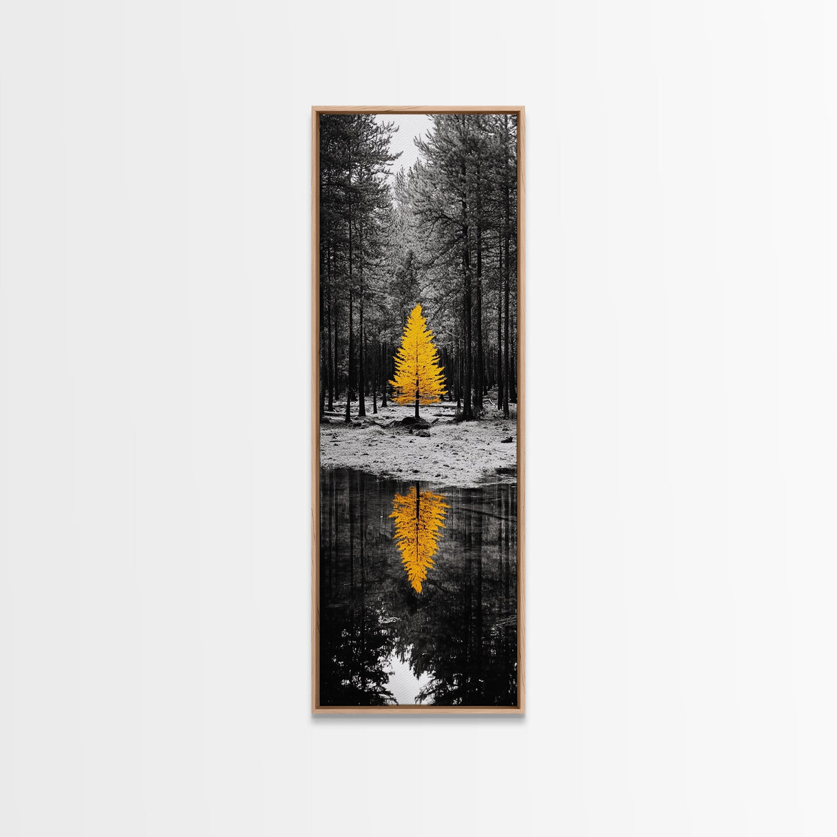 Golden Tree, Forest Reflection, Autumn Solitude, Nature Focused Minimalism, Framed Canvas Print, Zen Bathroom or Office Wall Art