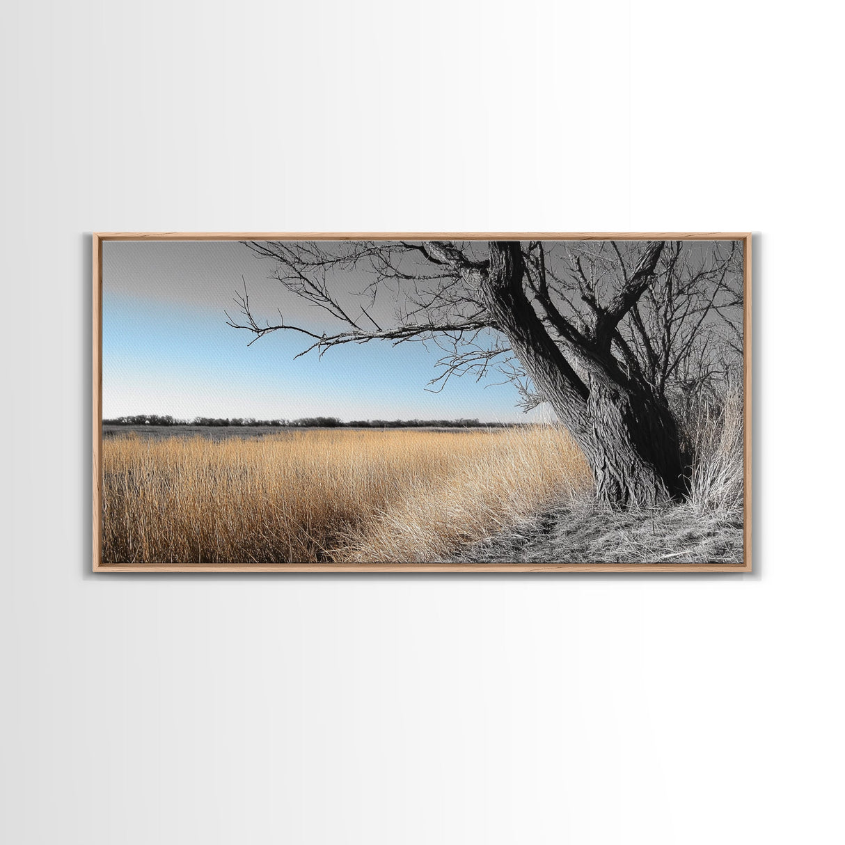 Open Plains, Blue Sky, Rustic Tree, Minimalist Field, Canvas Print, Country Style Wall Art, Farmhouse Hallway Decor, Soft Landscape Mood