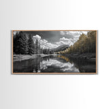 Lake, Mountains, Trees, Reflective mountain lake landscape in this Framed Canvas Print, peaceful Nature Lover Living Room Wall Art