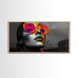 Pop Art, Sunglasses, Neon, Bold and vibrant pop art woman in neon shades on Framed Canvas Print, modern Teen Room Wall Art, Stylish Decor