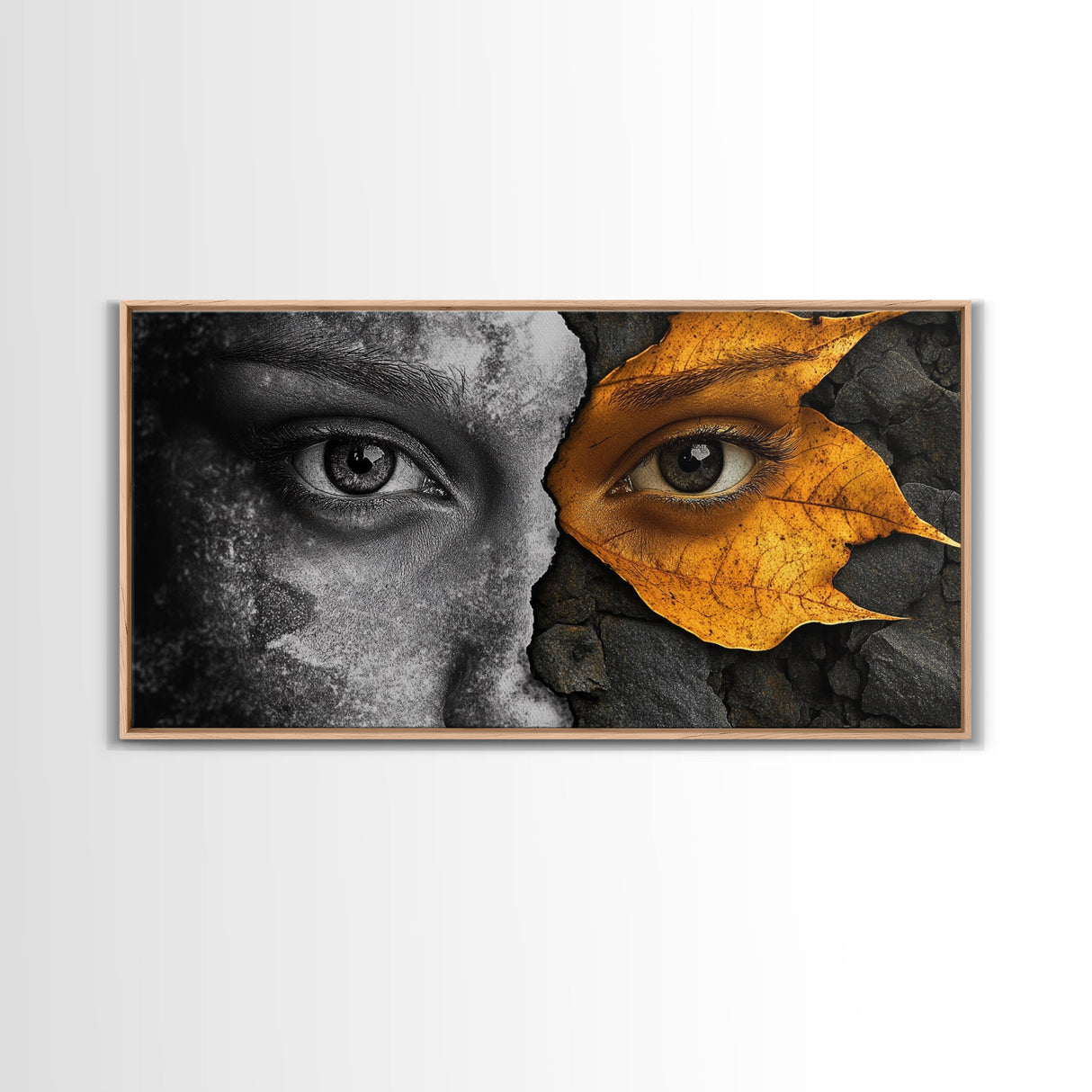 Eyes, Autumn, Leaves, Emotional duality in surreal leaf-face art on this Framed Canvas Print, Fall Decor and Unique Modern Living Room Art