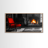 Fireplace, Red Chair, Cozy firelight and bold red accent chair on this Framed Canvas Print, Cozy Fall Living Room Art, Cabin Decor Accent