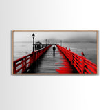 Pier, Red Railings, Fog, Lonely walk down a vivid red pier into the mist in this Framed Canvas Print, Coastal Decor, Minimalist Wall Art