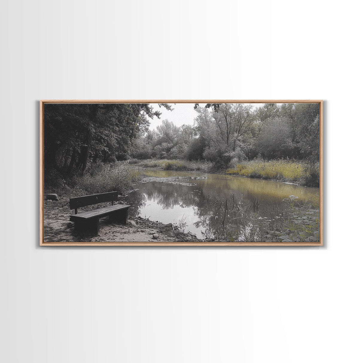 Tranquil Forest, Peaceful Pond, Autumn Riverbank, Framed Canvas Print, Nature Photography, Entryway Art, Fall Vibes, Rustic Wall Decor