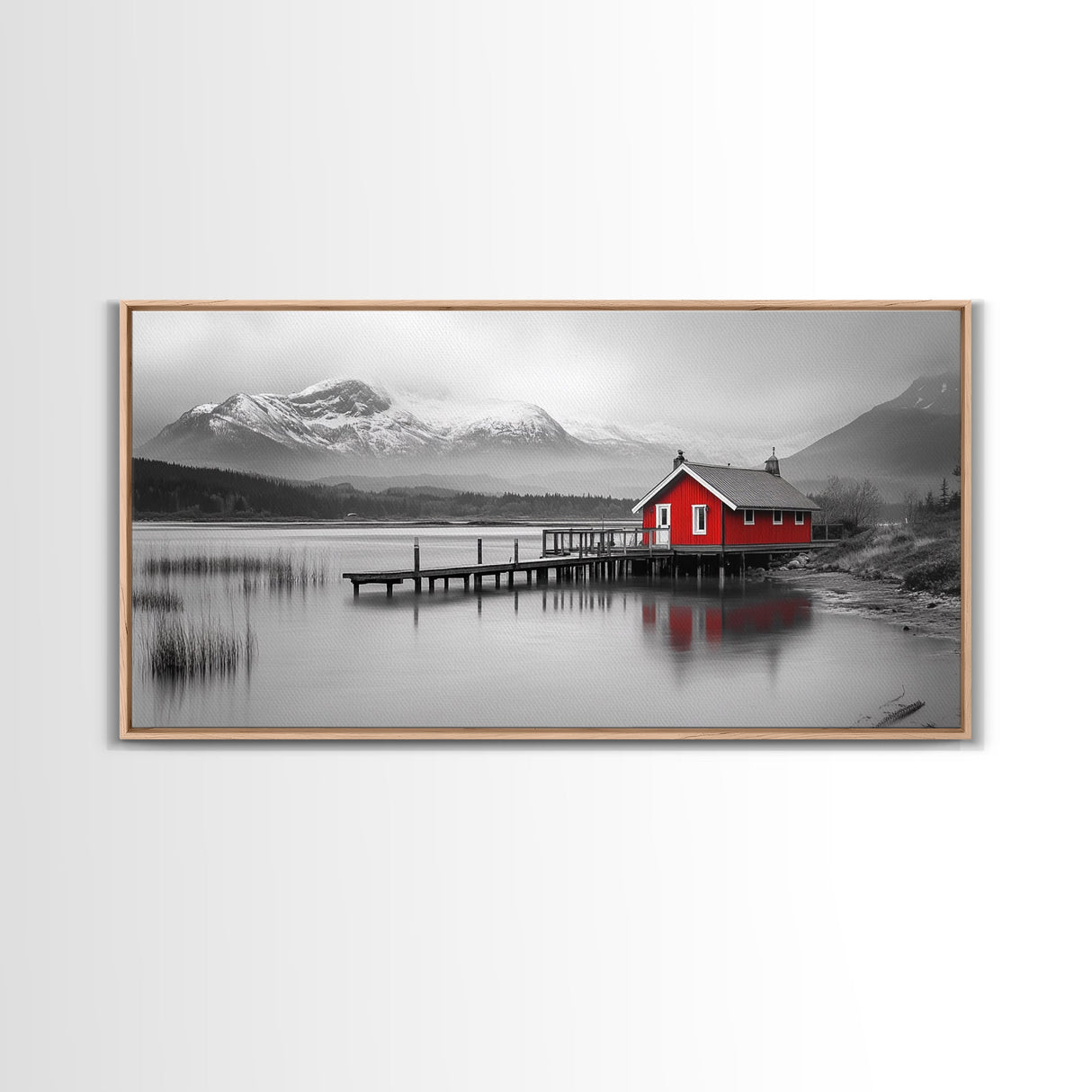 Red Cabin, Lake House, Mountain Reflection, Framed Canvas Print, Nordic Art, Winter Landscape, Bedroom Wall Art, Modern Minimalist Decor