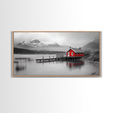 Red Cabin, Lake House, Mountain Reflection, Framed Canvas Print, Nordic Art, Winter Landscape, Bedroom Wall Art, Modern Minimalist Decor