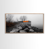 Fog Wall, Concrete Graffiti, Misty Lake Path, Framed Canvas Print, Urban Nature Blend, Moody Art, Hallway Decor, Modern Grayscale Style