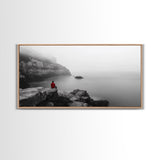 Red Hoodie, Ocean Cliff, Misty Silence, Framed Canvas Print, Minimalist Solitude Art, Mental Health Awareness, Bedroom Wall Decor, Calm Scene
