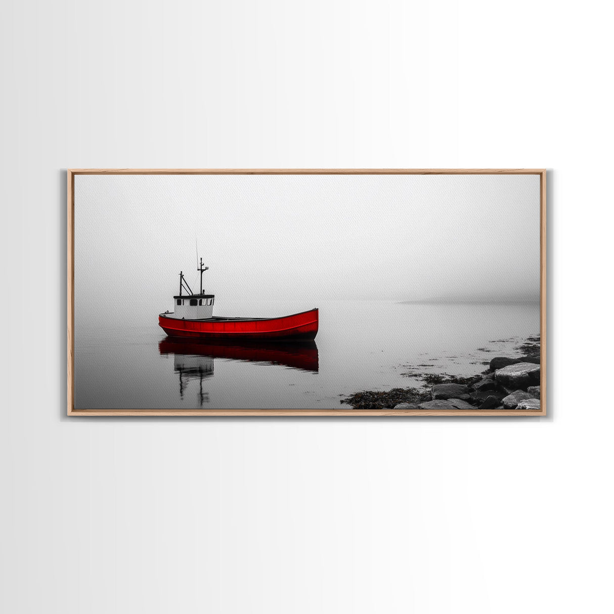 Red Boat, Calm Water, Minimalist Decor, Ocean Scene, Living Room Wall Art, Coastal Style, Canvas Print, Modern Nautical, Serene Landscape