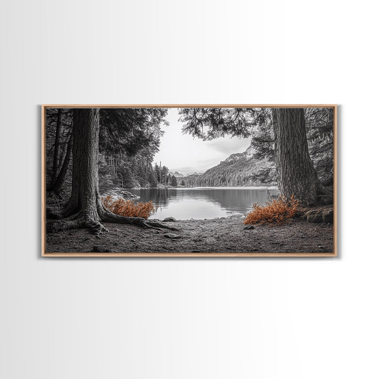 Forest Lake, Autumn Leaves, Nature Path, Woodland Style, Framed Canvas Print, Rustic Wall Art, Entryway Art, Cabin Wall Decor