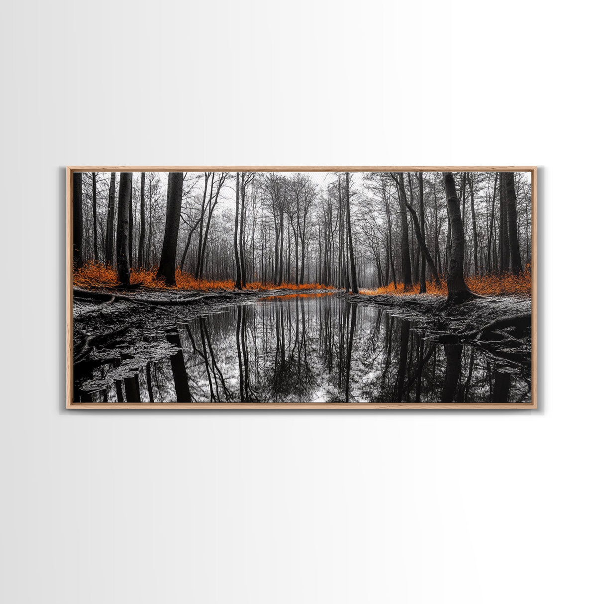 Reflected Forest, Orange Leaves, Tranquil River, Monochrome Fall, Canvas Print, Rustic Decor, Bedroom Wall Art, Woodland Scene
