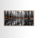 Reflected Forest, Orange Leaves, Tranquil River, Monochrome Fall, Canvas Print, Rustic Decor, Bedroom Wall Art, Woodland Scene