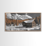 Snowy Cabin, Winter Landscape, Mountain Lodge, Rustic Retreat, Framed Canvas Print, Cozy Wall Art, Cabin Living, Holiday Decor