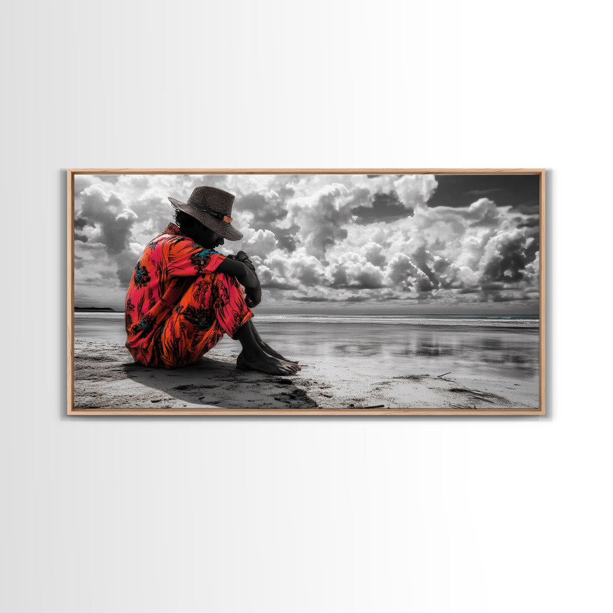 Island Dreaming, Beach Vibes, Serene Reflection, Cultural Portrait, Framed Canvas Print, Living Room Wall Art, Peaceful Coastal Scene