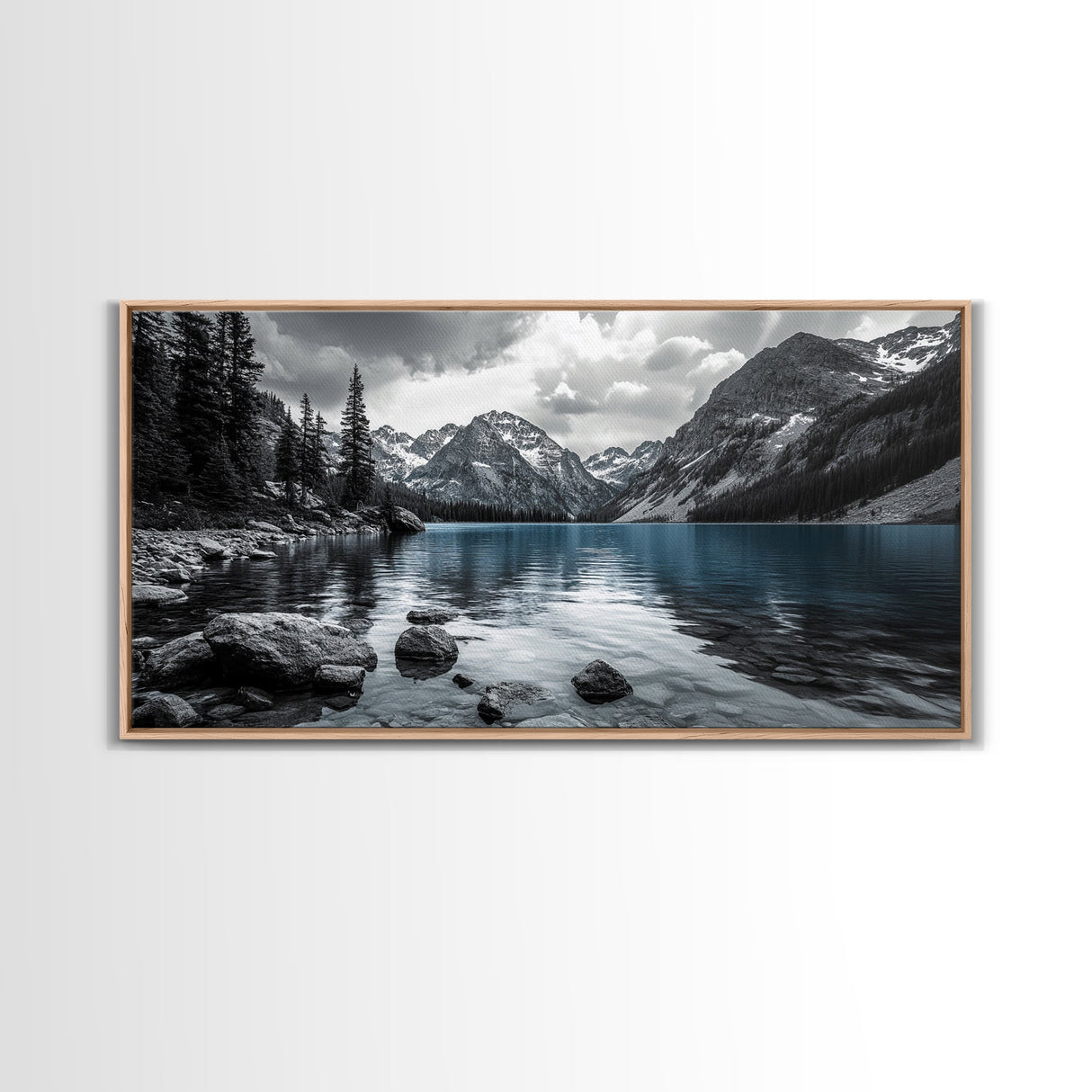 Tranquil Lake, Mountain View, Nature Calm, Winter Reflections, Framed Canvas Print, Living Room Wall Art, Serene Landscape Photography