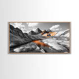 Glacial Canyon, Orange Reflection, Monochrome Mountain, Fall Landscape, Framed Canvas Print, Rustic Wall Decor, Adventure Photography