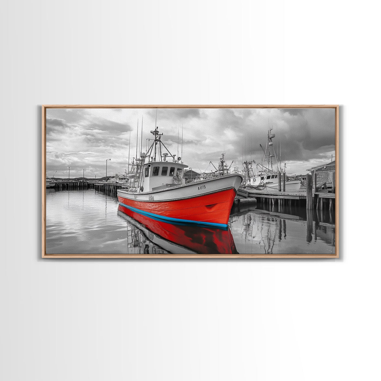 Red Boat, Dock Reflections, Moody Sky, Harbor Life, Framed Canvas Print, Nautical Wall Decor, Coastal Art, Living Room Art, Maritime Style