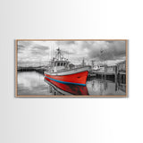 Red Boat, Dock Reflections, Moody Sky, Harbor Life, Framed Canvas Print, Nautical Wall Decor, Coastal Art, Living Room Art, Maritime Style