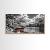 Red Sailboat, Rocky Cove, Tranquil Water, Coastal Escape, Canvas Print, Nautical Wall Art, Minimalist Seaside Style, Black White Art
