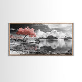 Pink Tree, Island Dreams, Serene Water, Tropical Sky, Framed Canvas Print, Boho Wall Art, Bedroom Decor, Black and White Landscape