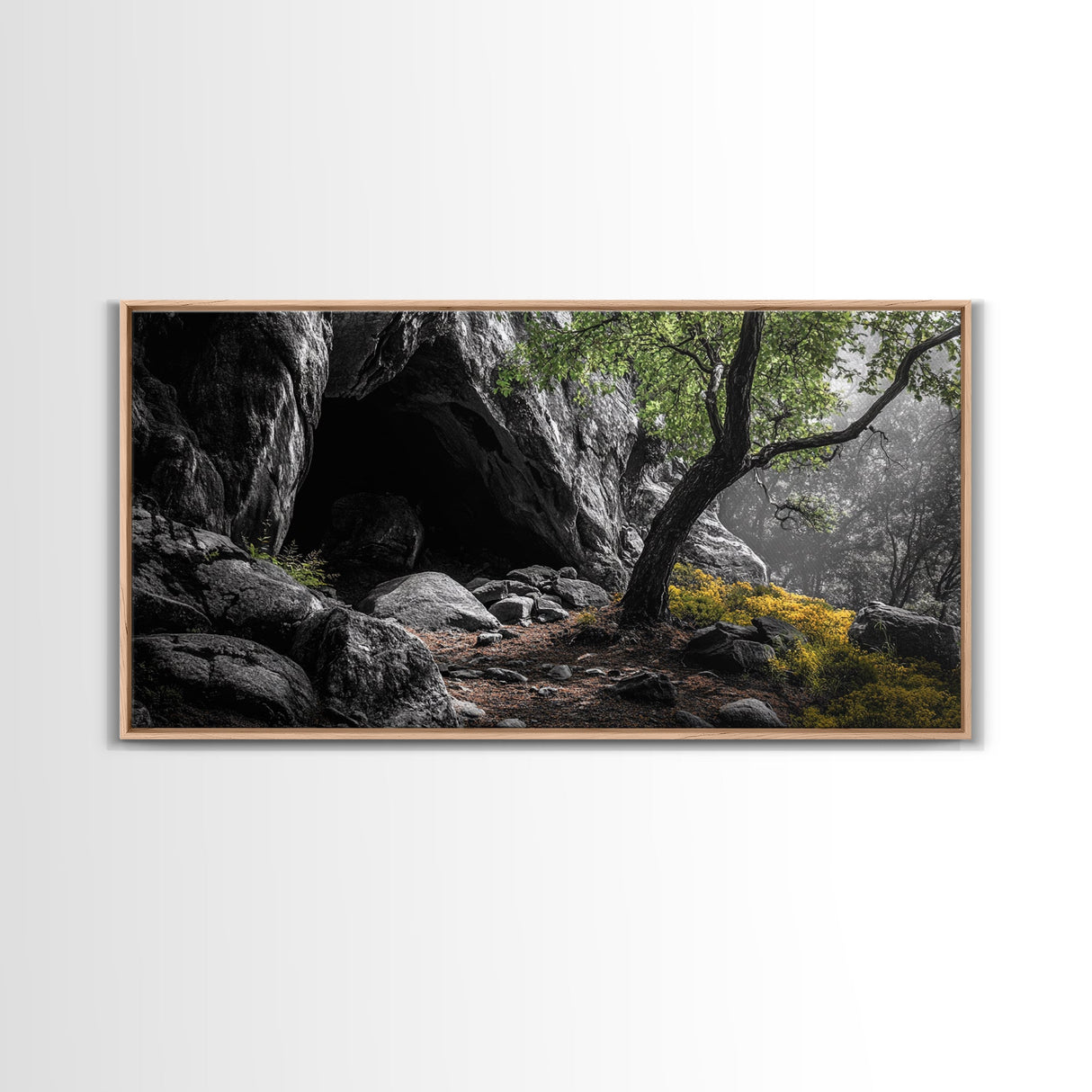 Forest Cave, Green Tree, Yellow Wildflowers, Peaceful Nature, Framed Canvas Print, Rustic Wall Decor, Cabin Living Room Art, Landscape