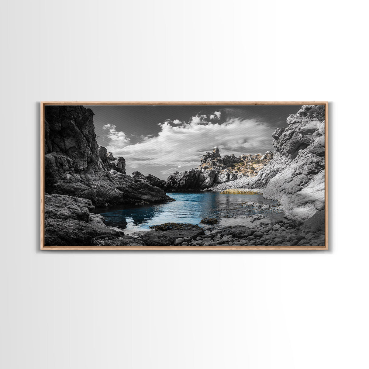 Hidden Cove, Blue Waters, Rugged Coast, Rocky Escape, Canvas Print, Nature Wall Art, Minimalist Seascape, Monochrome Landscape