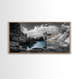 Hidden Cove, Blue Waters, Rugged Coast, Rocky Escape, Canvas Print, Nature Wall Art, Minimalist Seascape, Monochrome Landscape