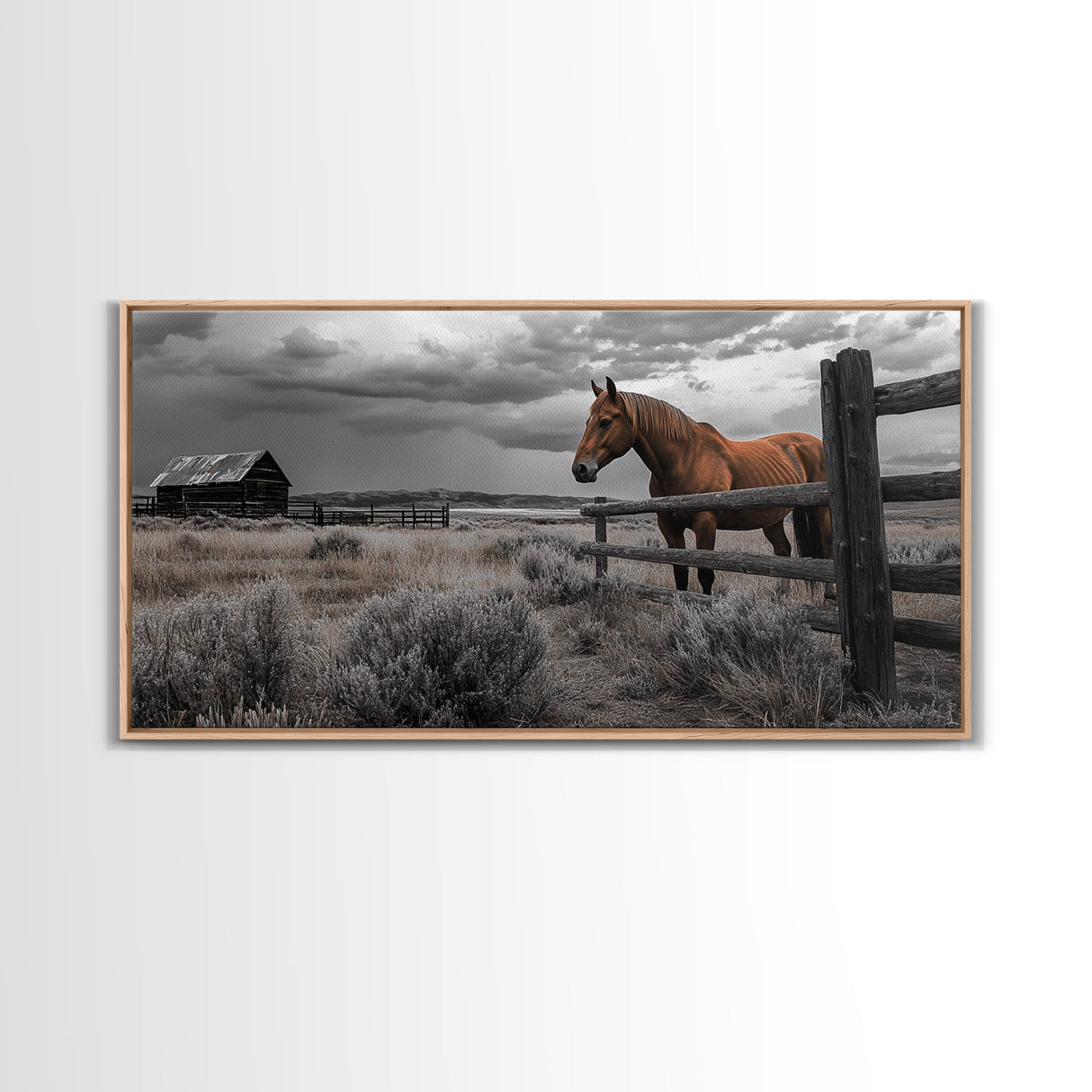 Rustic Horse, Country Fence, Western Scene, Moody Skies – Framed Canvas Print, Farmhouse Wall Art, Autumn Decor, Cabin Living, Cowboy Vibe